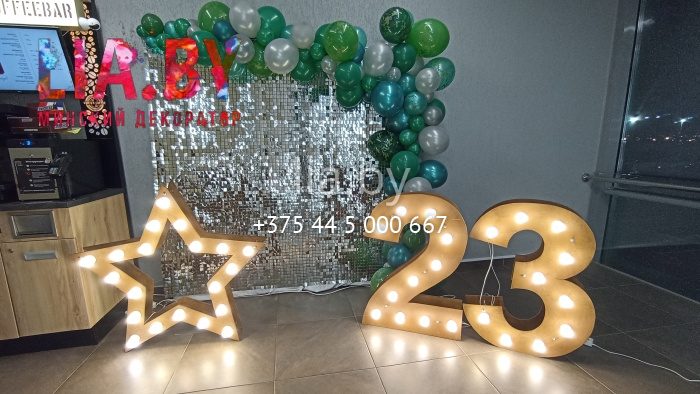 Фотозона к 23 февраля зелёного цвета со светом.