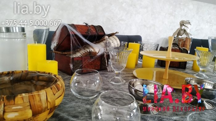 украшение детского дня рождения фотозоной и candy bar в стиле halloween, пауки, паутины, мумия, скелеты, приведенье