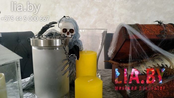 украшение детского дня рождения фотозоной и candy bar в стиле halloween, пауки, паутины, мумия, скелеты, приведенье