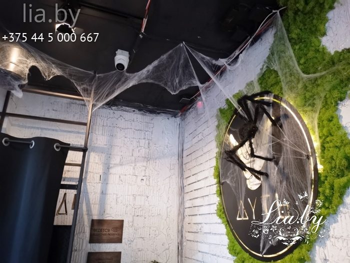 украшение бар кальянная Дуть на halloween (хэллоуин), стилизованный мрачный декор, дыба, кандалы, будка, ведьмы и трупы. паутина и гигантские пауки, кровь, гроб, жуткие и мистические маски, манекены
