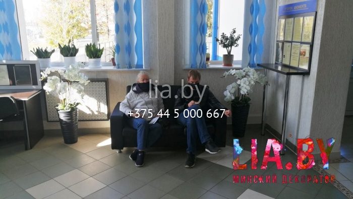 Белые композиции с орхидеями в зал ожидания и пышные консольные в службу Одно окно