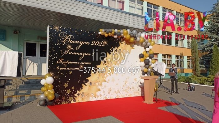 Фотозона 5 на 3 м у крыльца школы на выпускной в гимназию с шарами по бокам