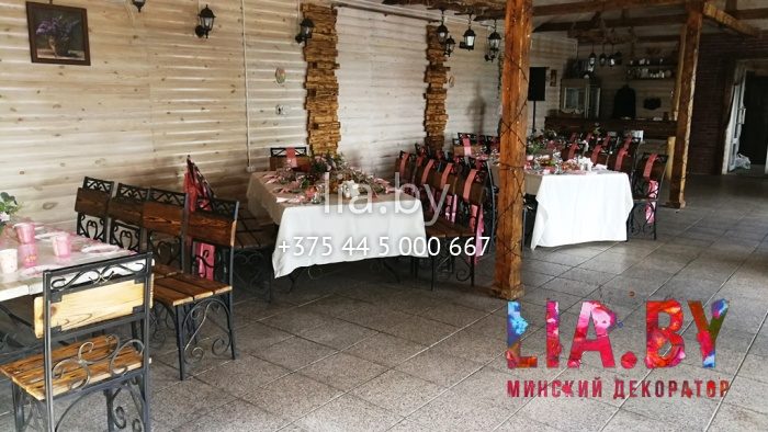 Украшение банкета и фотозоны во дворе усадьбы Дубки на крестины девочки (оформление в розовом цвете, кэнди бар)
