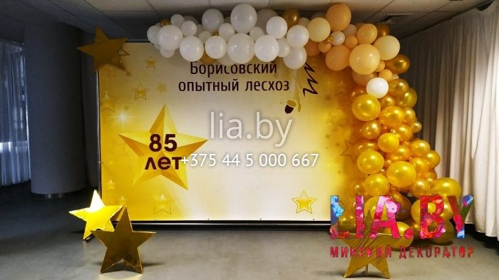 Фотозона фон и золотые звезды с пышной разноразмерной гирляндой на 85 лет Борисовского лесхоза