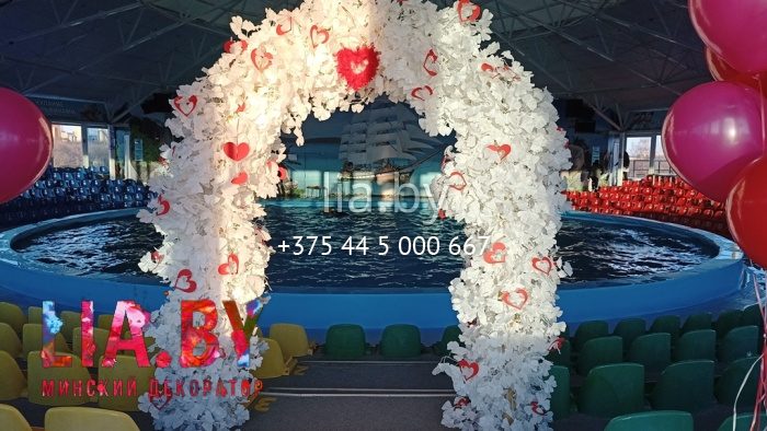 Украшение дельфинария шарами, аркой и фотозоной к 14 февраля.
