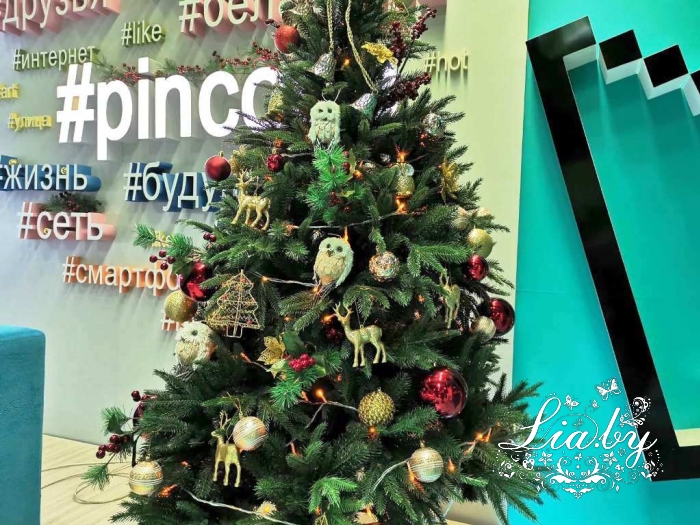 Украшение хвойными гирляндами, полностью украшенной елью, рождественскими венками, световой фигуркой "Олень", подарками и хвойными композициями элементами телестудии передачи #pincode